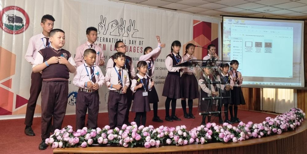 Students presenting a song during the International Day of Sign Language held at Hotel de Oreintal Grand, Kohima on September 23.
